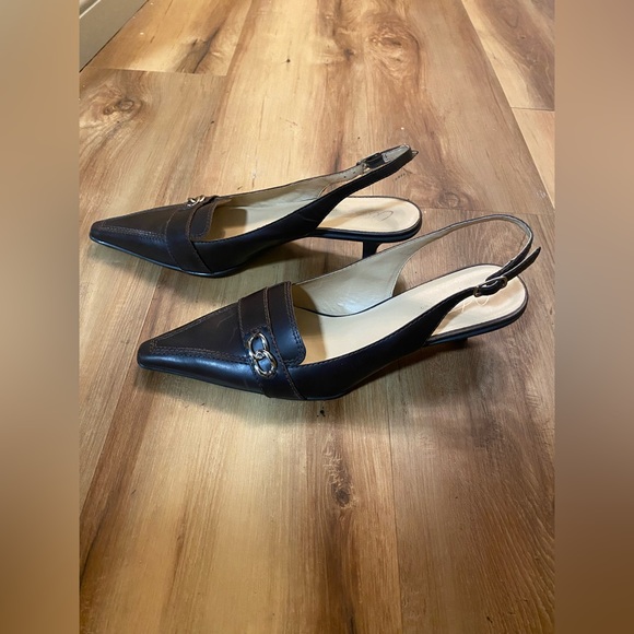 Dark Brown Kitten Heel Slingbacks with Silver Chain Detail - Picture 5 of 6